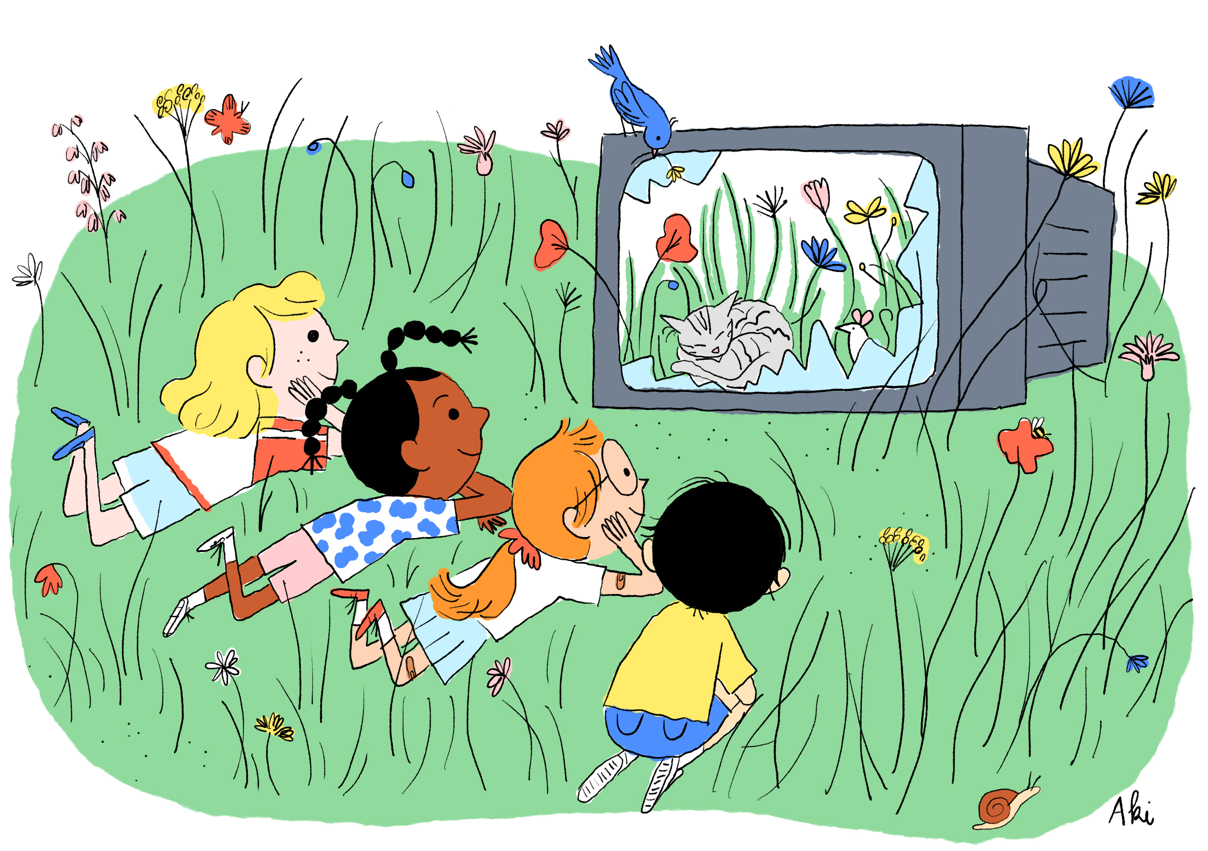 Quatre enfants allongés dans l’herbe regardent un vieux téléviseur dont l’écran laisse voir de vraies fleurs, un chat endormi et une souris.