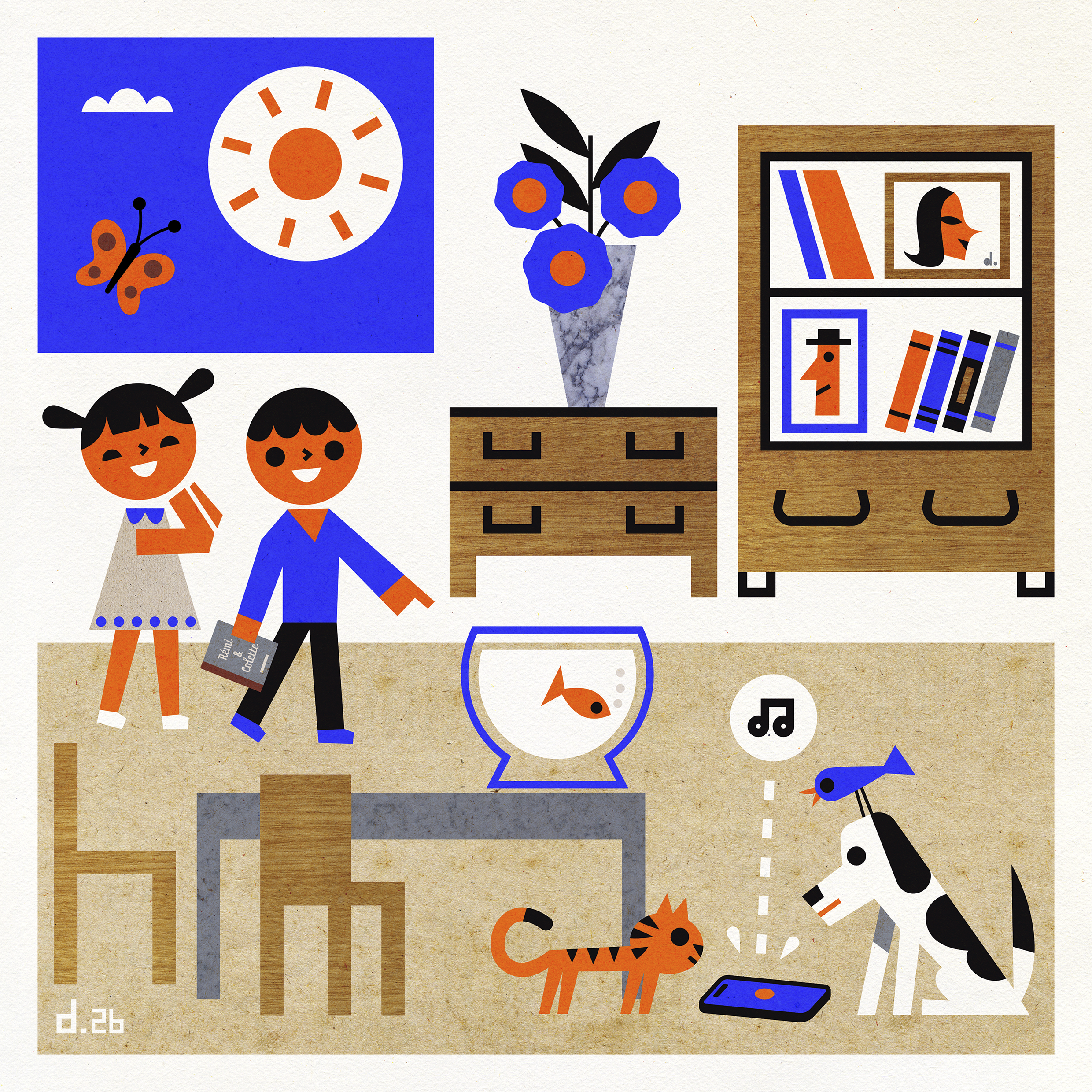 Dans un salon, deux enfants côtoient un chat, un chien et un oiseau réunis autour d’un smartphone posé au sol. Illustration de DUME.