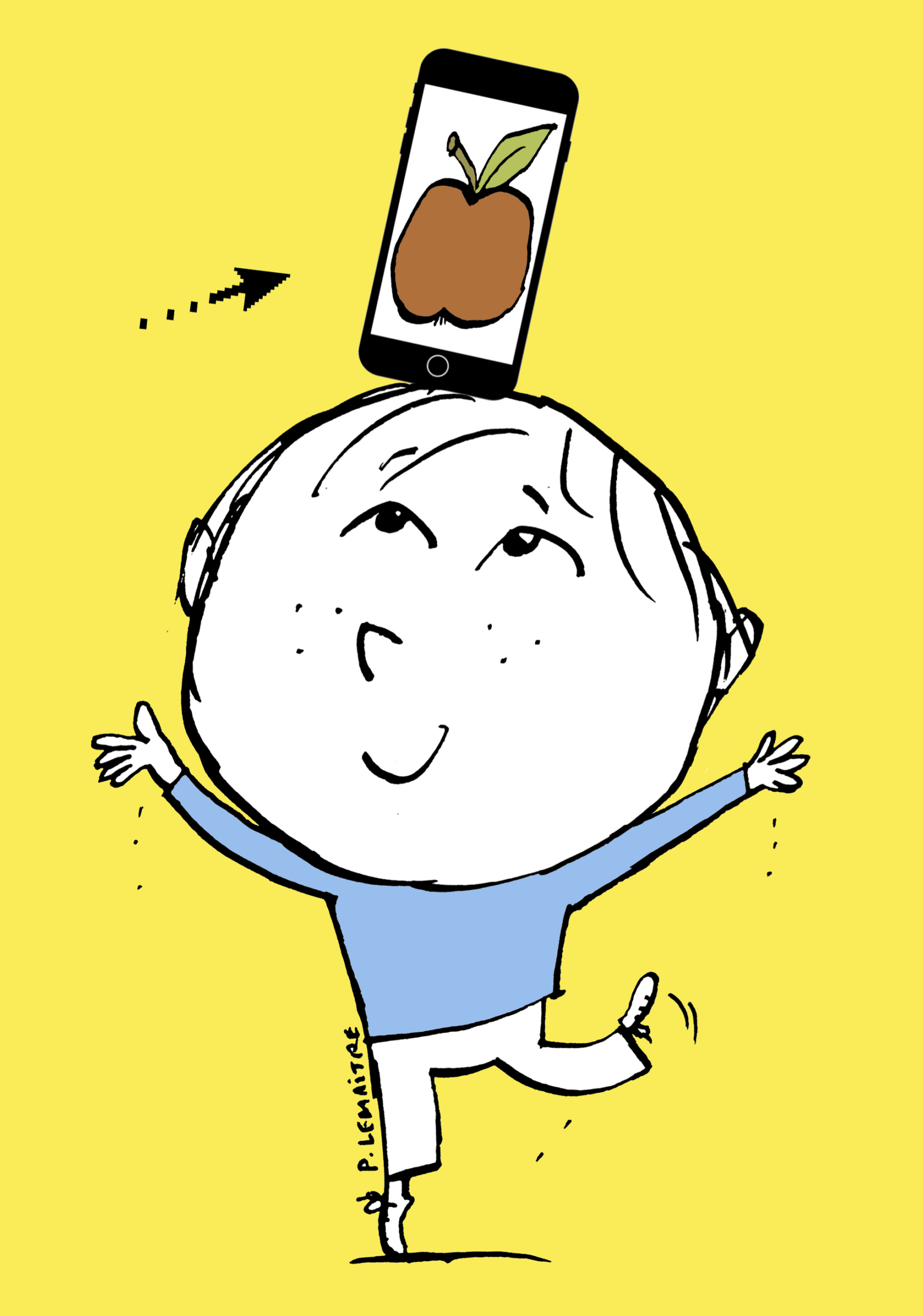 Un enfant en pull bleu danse sur une jambe, bras grands ouverts, un smartphone en équilibre sur la tête. L’écran affiche une pomme, qu’une flèche de curseur vise. Illustration de Pascal Lemaître.